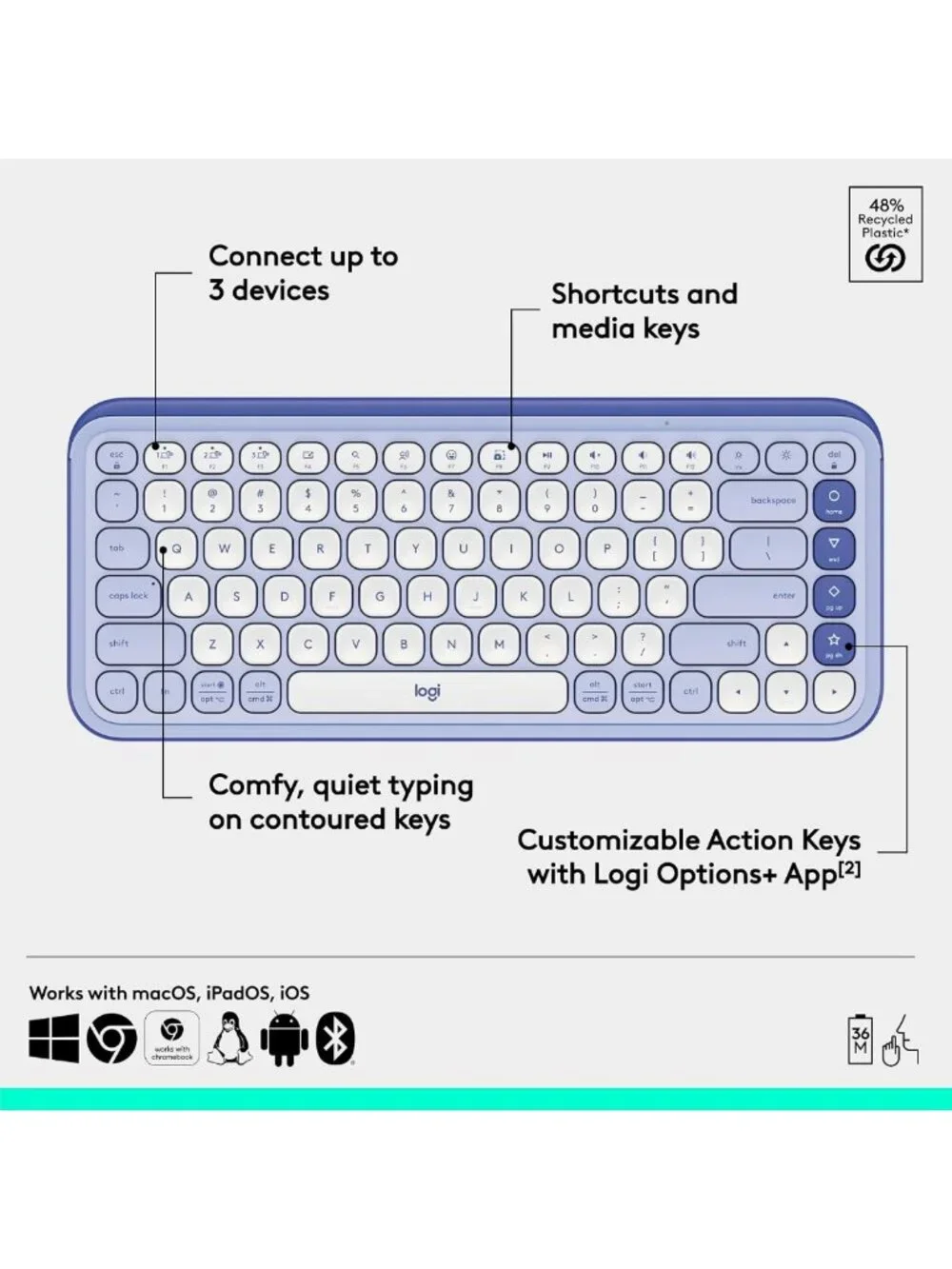 Wireless Bluetooth Keyboard - Lilac & Off-White, Stylish Design, Compact